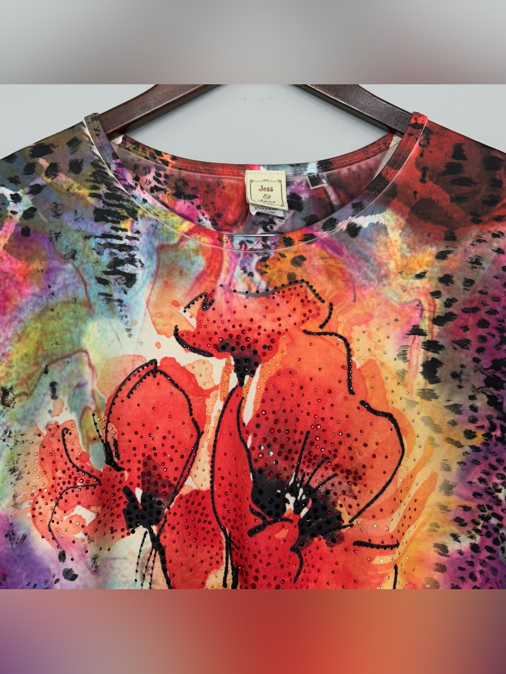 Jess & Jane Rhinestone Floral Tunic Top Women’s Size M Asymmetrical Hem Colorful - Picture 2 of 8